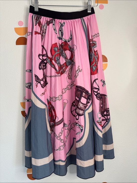 Source Unknown Dresses & Skirts - Pink Western Printed Pleated Midi Skirt with Navy Border N0310